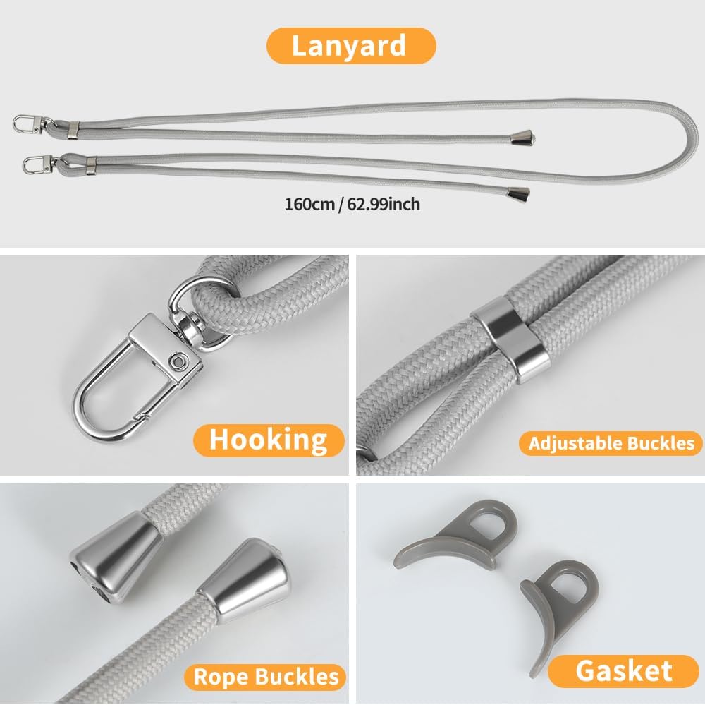 for iPhone 16 Pro Max Case with 62.99 inch Lanyard, Classic Clear&Gray Magnetic Phone Case, Drop&Shockproof Protection Cases, Phone Holder Lanyard, Compatible with Magnet Accessory