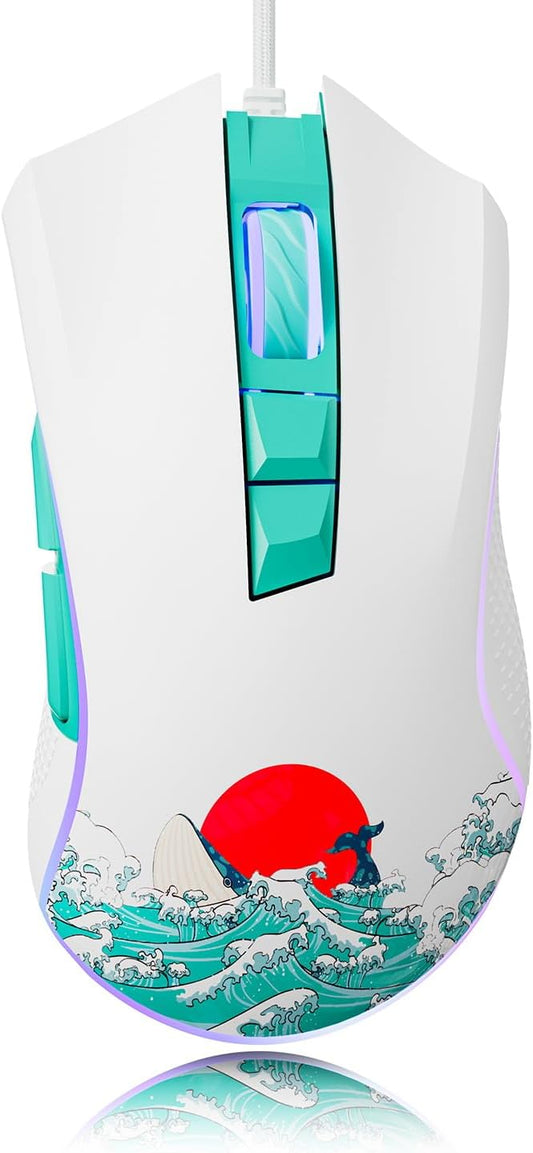 HITIME XVX Wired Gaming Mouse, 12000 DPI RGB Mouse with 12 Backlit Modes & 7 Macro Buttons, PC Gaming Mice Support DIY Keybinding, Gamer Computer Mice for Laptop PC Mac Windows, Coral Sea