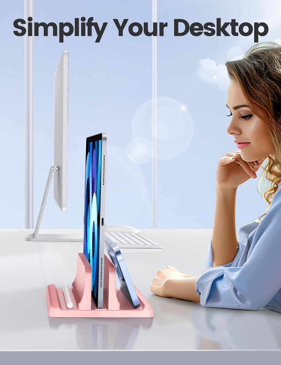 Vaydeer Vertical Laptop Stand Holder Plastic Adjustable Desktop Notebook Dock Space-Saving 3 in 1 for All MacBook Pro Air, Mac, HP, Dell, Microsoft Surface, Lenovo, up to 17.3 inches (Pink)