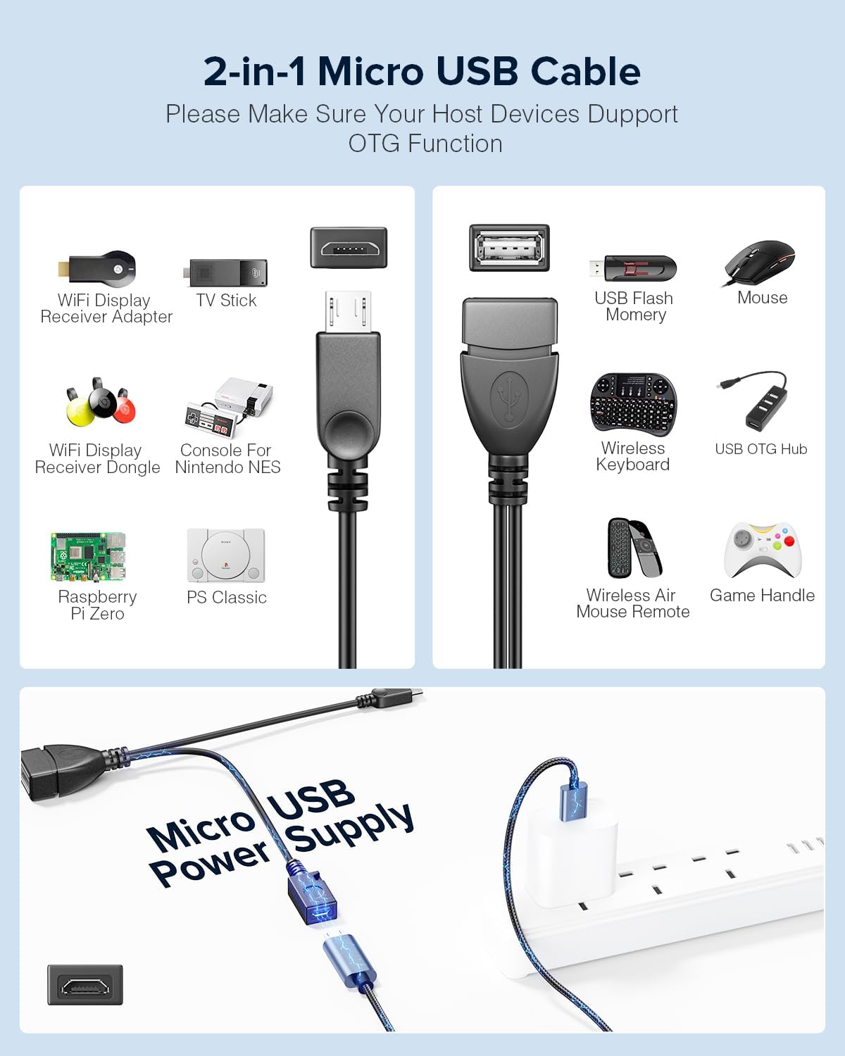 ANDTOBO 2-in-1 Micro USB (OTG Cable with Power) Adapter Replacement for Fire Stick 4K /Host Devices/PlayStation Classic etc- 2 Pack