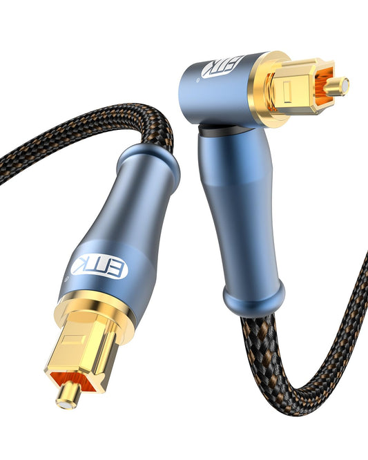 EMK 90 Degree Toslink Optical Cable 24K-Gold Connector 360 Degree Free-Rotating Plug Fiber Optic Cable S/PDIF Toslink Male to Male for Home Theater, Sound Bar, TV, PS4, Xbox (Blue,10ft/3m)