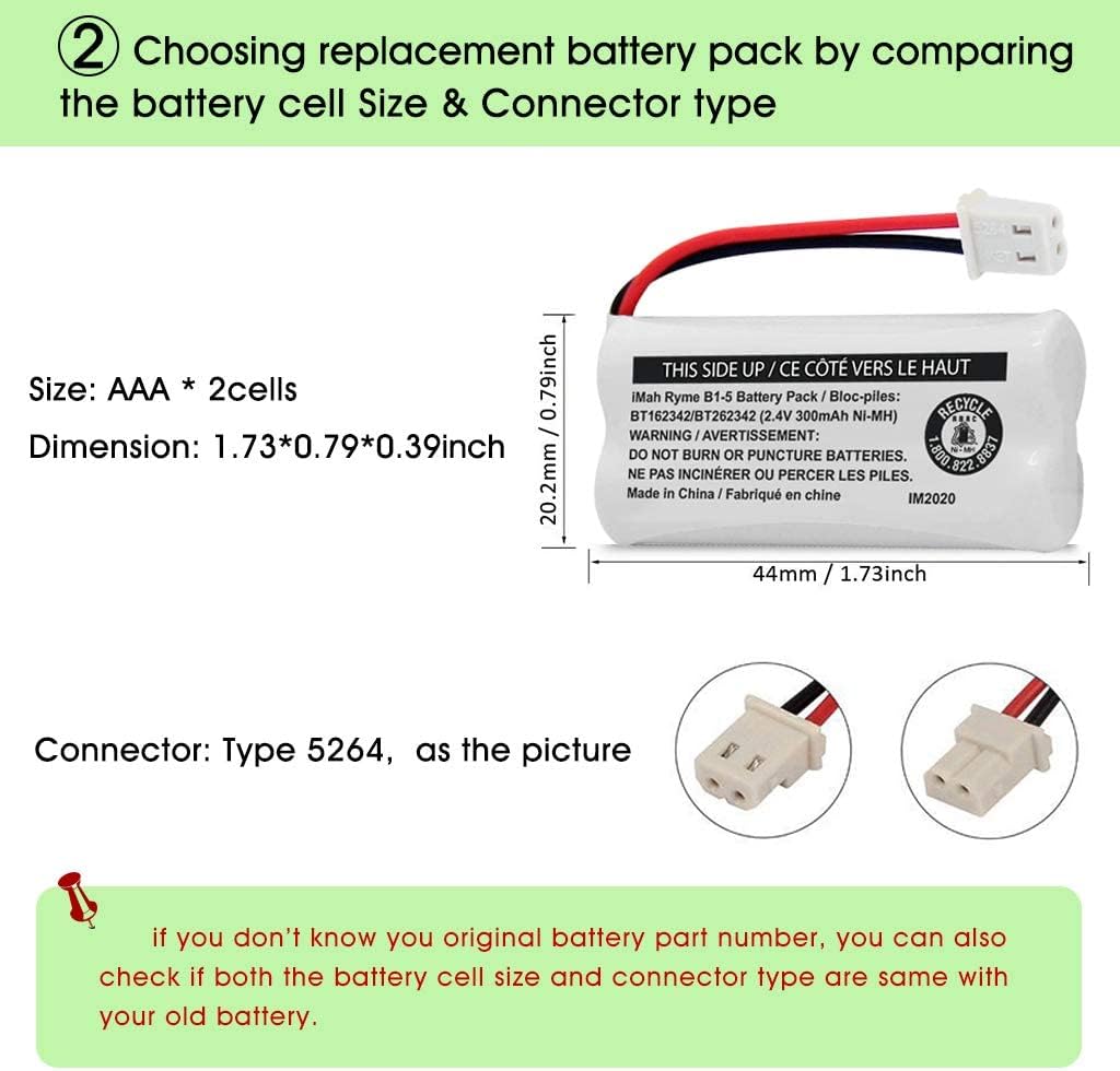iMah BT162342/BT262342 2.4V 300mAh Ni-MH Cordless Phone Battery Pack, Also Compatible with BT183342/BT283342 AT&T EL52351 TL90070 VTech CS5119 DS6511 DS6722 LS6305 Handset, 2-Pack