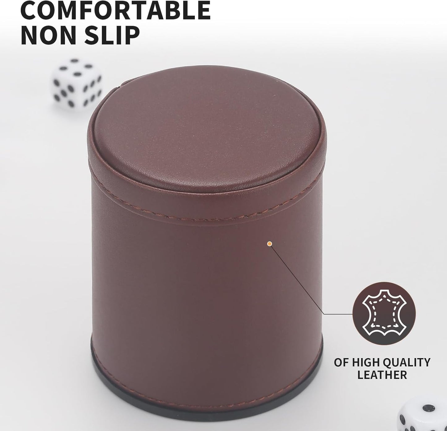 5 Pack PU Leather Dice Cups Velvet Felt-Lined Shaker Cups with 25 Dot Dice for Bar Party Yahtzee Farkle Dice Games, Brown