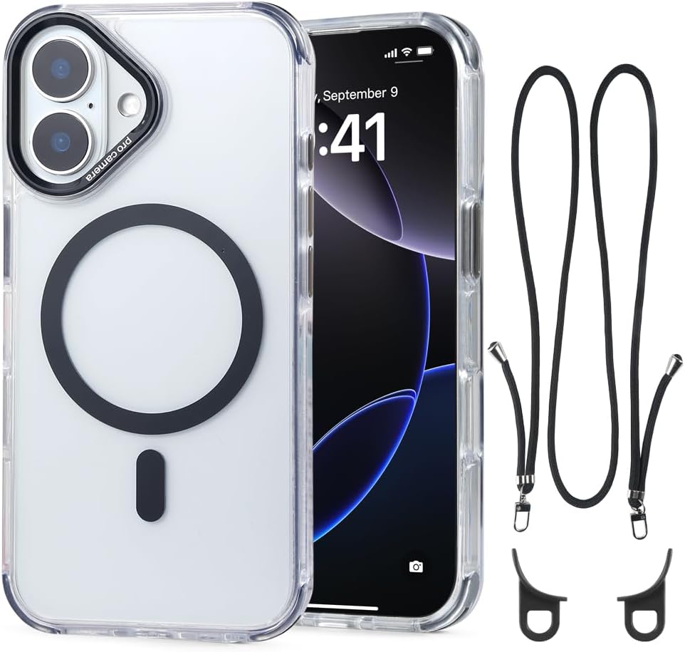 for iPhone 16 Case with 62.99 inch Lanyard, Classic Clear&Black Magnetic Phone Case, Drop&Shockproof Protection Cases, Phone Lanyard for Around The Neck, Compatible with Magnet Accessory