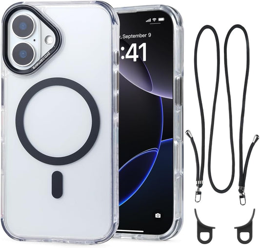 for iPhone 16 Case with 62.99 inch Lanyard, Classic Clear&Black Magnetic Phone Case, Drop&Shockproof Protection Cases, Phone Lanyard for Around The Neck, Compatible with Magnet Accessory