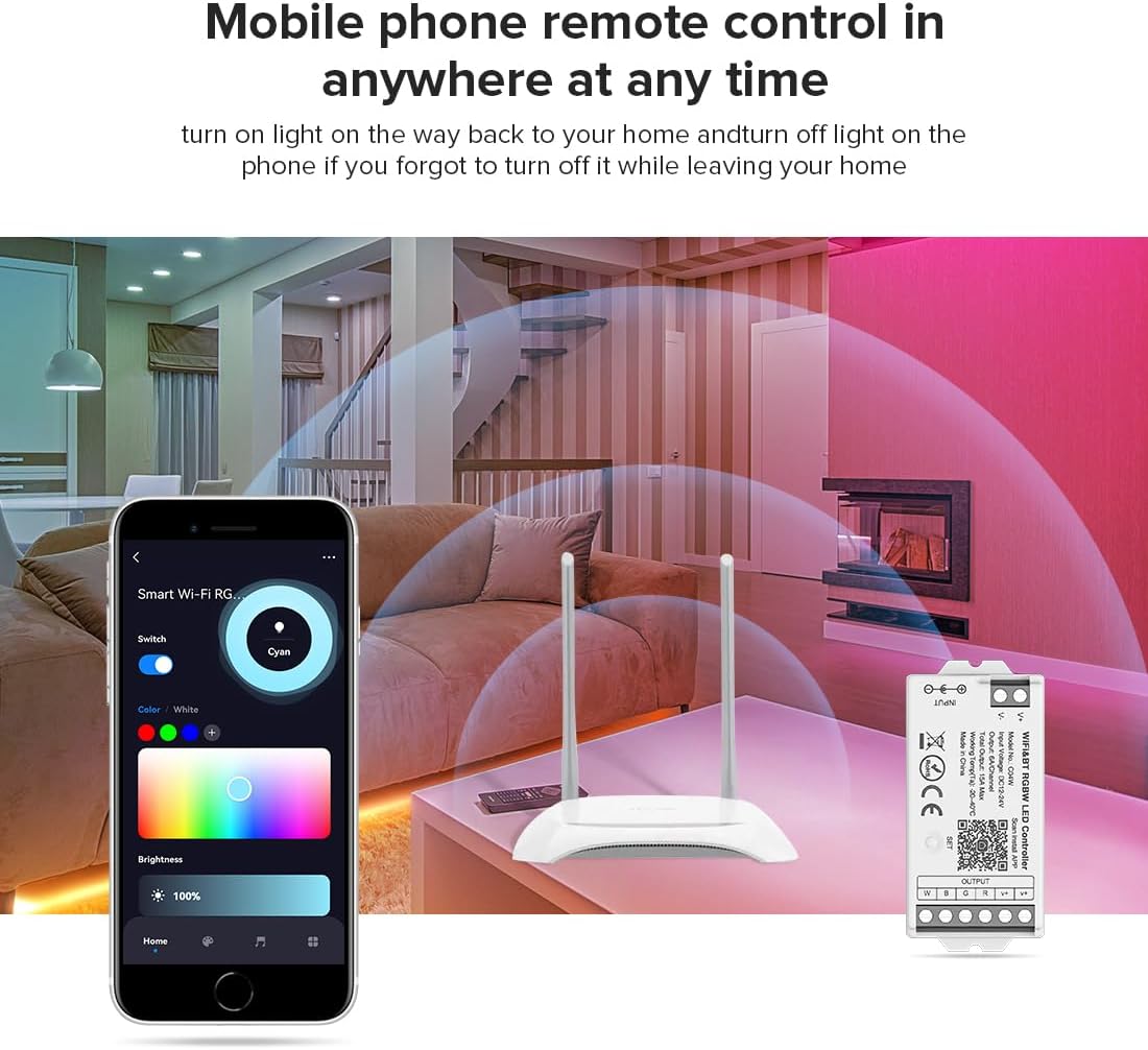 BTF-LIGHTING C04W RGBW PWM SMD FCOB (+ R G B W) 5PIN LED Strip 2.4GHz Tuya WiFi Group Controller Alexa Google Home Smartphone APP Control Compatible with WR01RF RC03RFB RC04RFB RC05RFB Remote