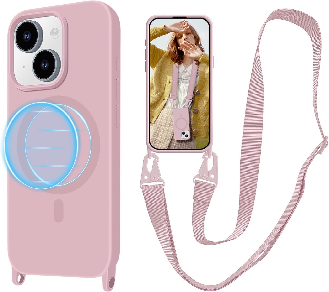 for iPhone 15 Case with Lanyard [Compatible with MagSafe], Crossbody Phone Case with Neck Strap Adjustable, Magnetic Phone Cover for iPhone 15 6.1'' Pink