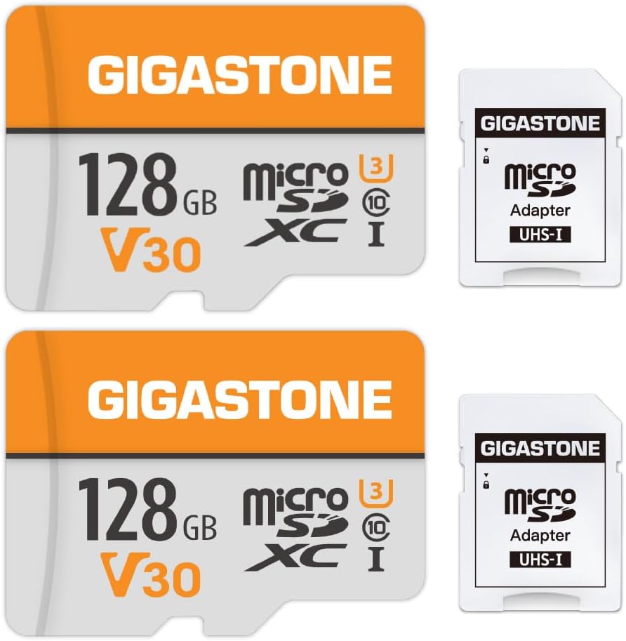 GIGASTONE 128GB Micro SD Card 2-Pack, A1 V30 4K Video Recording, Compatible with Security Camera, Dash cam, Drone, 95MB/s MicroSDXC Memory Card UHS-I Class 10, with 2 SD Adapter