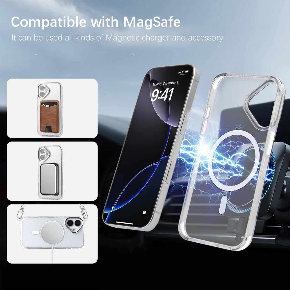 for iPhone 16 Case with 62.99 inch Lanyard, Classic Clear&White Magnetic Phone Case, Drop&Shockproof Protection Cases, Phone Lanyard for Around The Neck, Compatible with Magnet Accessory