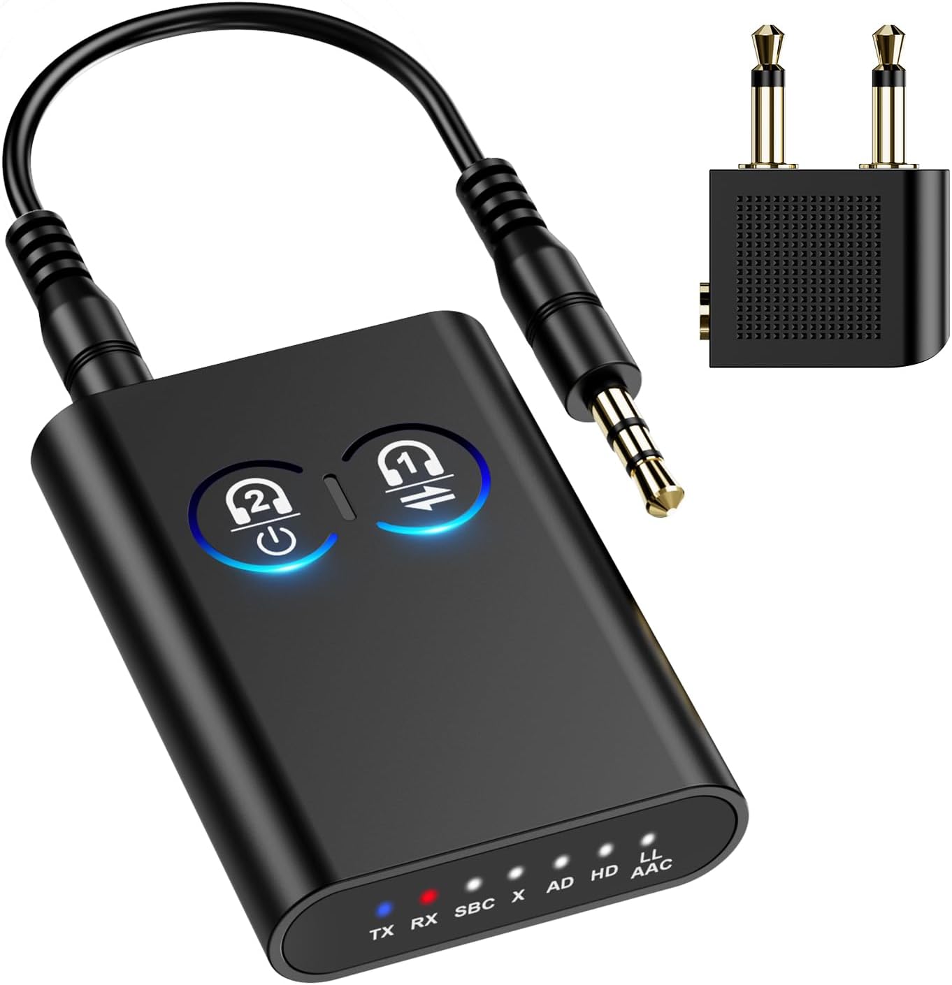Bluetooth 5.2 Transmitter Receiver, Upgraded 2-in-1 Airplane Wireless Adapter, Dual Link AptX Adaptive/LowLatency/HD Audio, Aux Adapter for Home Stereo, Airplane, Boat, Gym