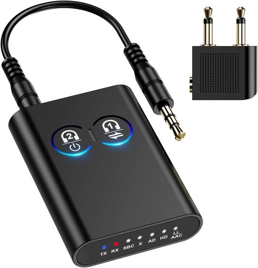 Bluetooth 5.2 Transmitter Receiver, Upgraded 2-in-1 Airplane Wireless Adapter, Dual Link AptX Adaptive/LowLatency/HD Audio, Aux Adapter for Home Stereo, Airplane, Boat, Gym