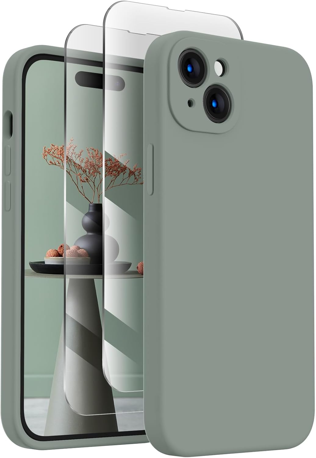 FireNova Designed for iPhone 15 Case, Silicone Upgraded [Camera Protection] Phone Case with [2 Screen Protectors], Soft Anti-Scratch Microfiber Lining Inside, 6.1 inch, Calke Green