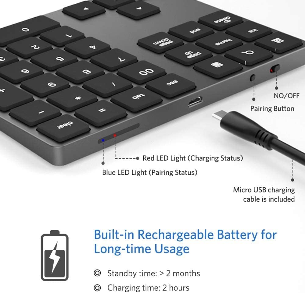 Bluetooth Number Pad, Aluminum Rechargeable Numeric Keypad Wireless 34-Keys Number Keyboard Shortcut Keypad Numpad Data Entry Compatible for iMac Windows