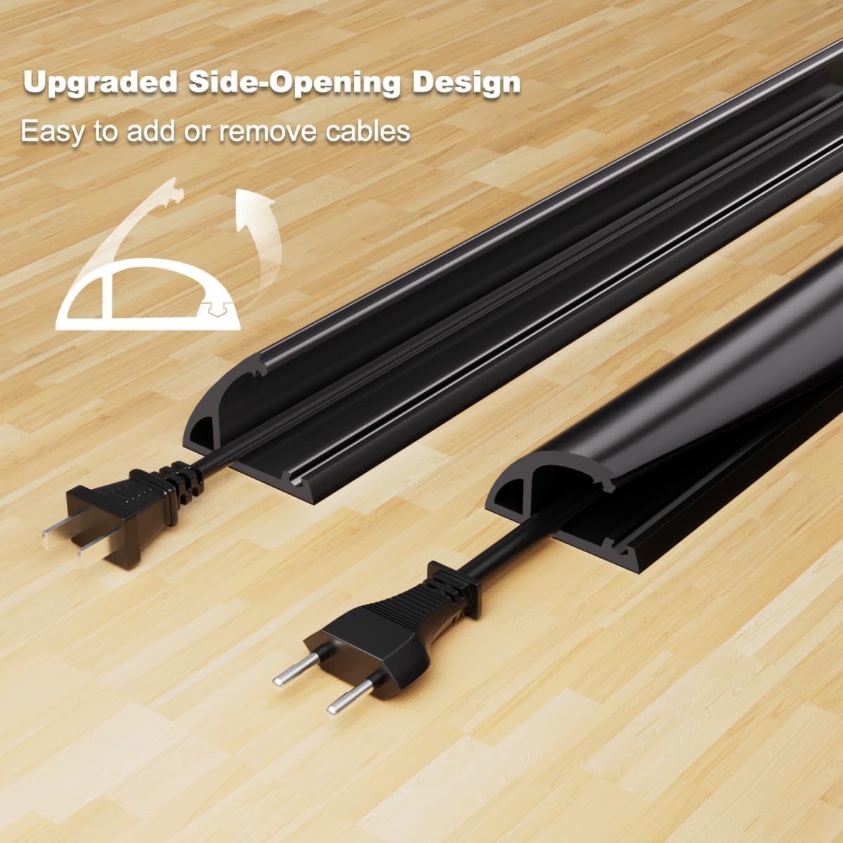 10FT Side-Open Extension Cord Covers for Wires on Floor,Silicone Power Cable Protector Cord Hider Management Strip,Hide Electric Wire on Carpet,Chord Runner Protective Safety Wiremold,Black
