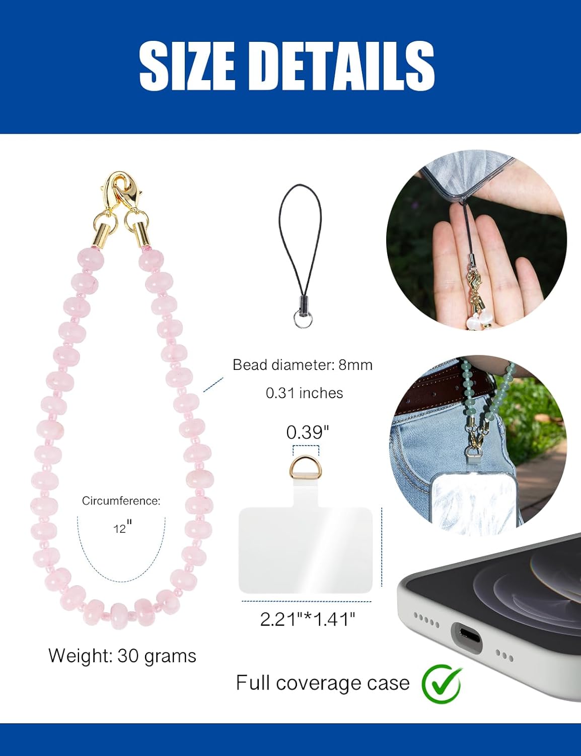 Handmade Natural Gemstone Gold Beaded Charm Cell Phone Camera Lanyard, Wrist Strap, Phone Chain String, Keychain Decor for Wallet, Stanley Cup Accessories (Rose Quartz)