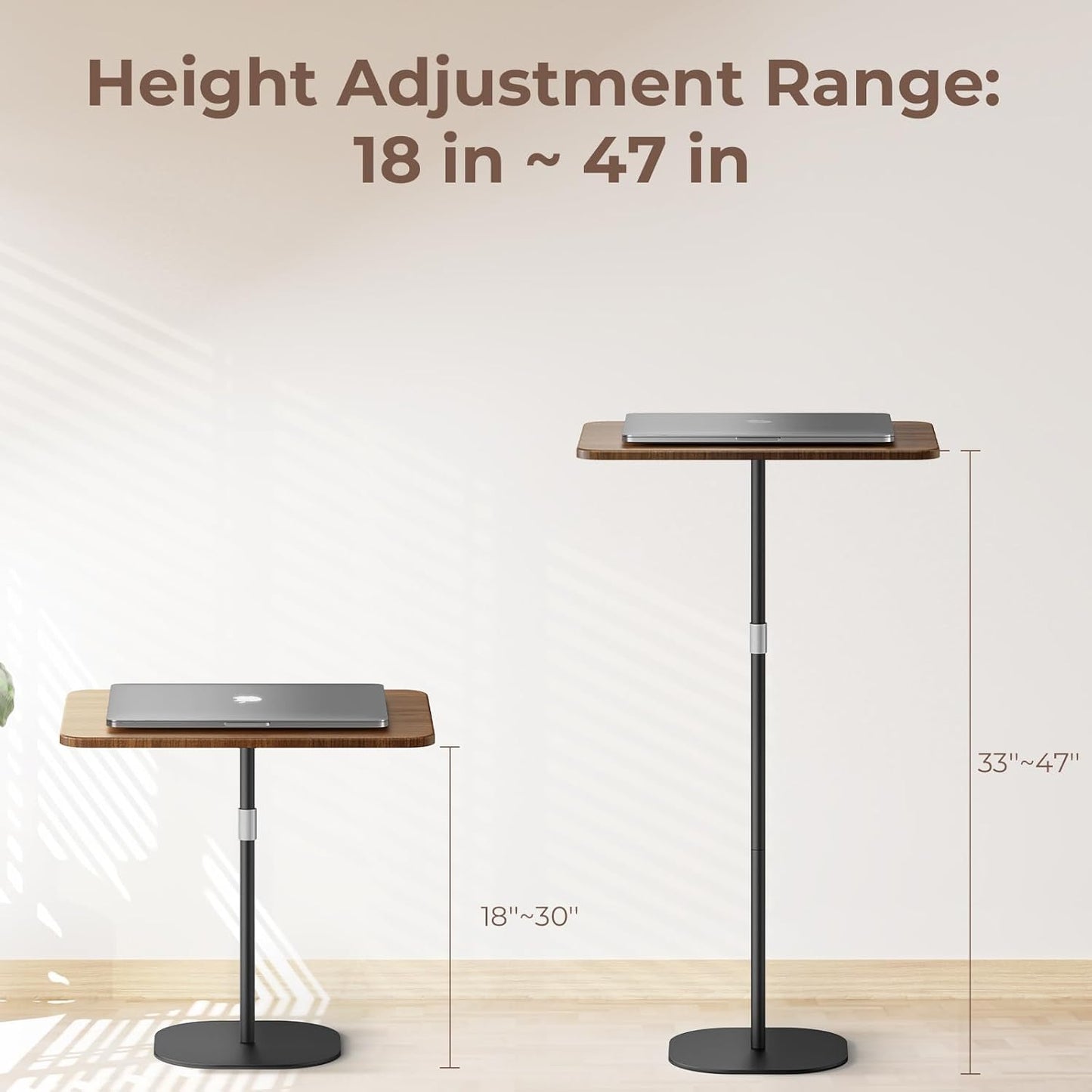 Portable Laptop Floor Stand, Bedside/Sofa Table with Height Adjustable 18''~47'', Stylish Movable Workstation Floor Standing Desk for Office, Meeting Room, Living Room Easy Assembly, Black