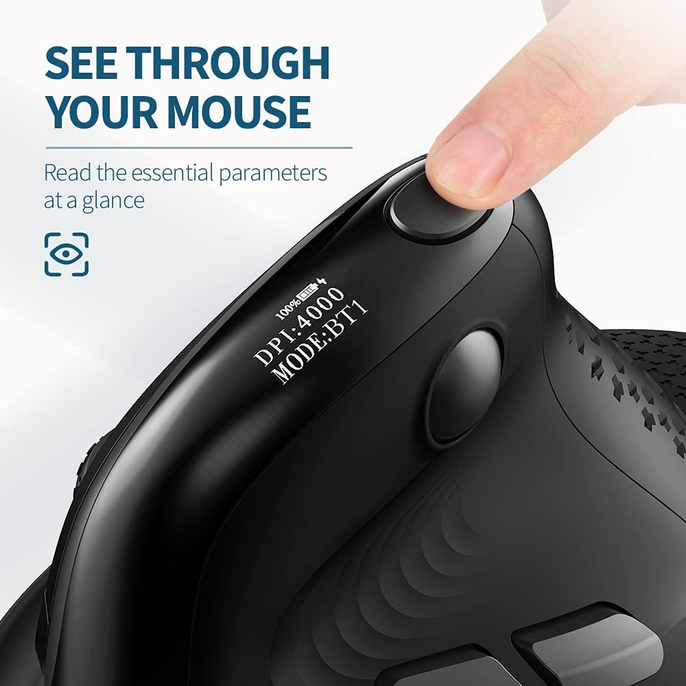 DeLUX Seeker Wireless Ergonomic Vertical Mouse with OLED Screen, BT and USB Receiver, Connect with Up to 4 Devices, Thumb Wheel, 4000DPI, Programmable Rechargeable Silent Mouse(M618XSD-Black)