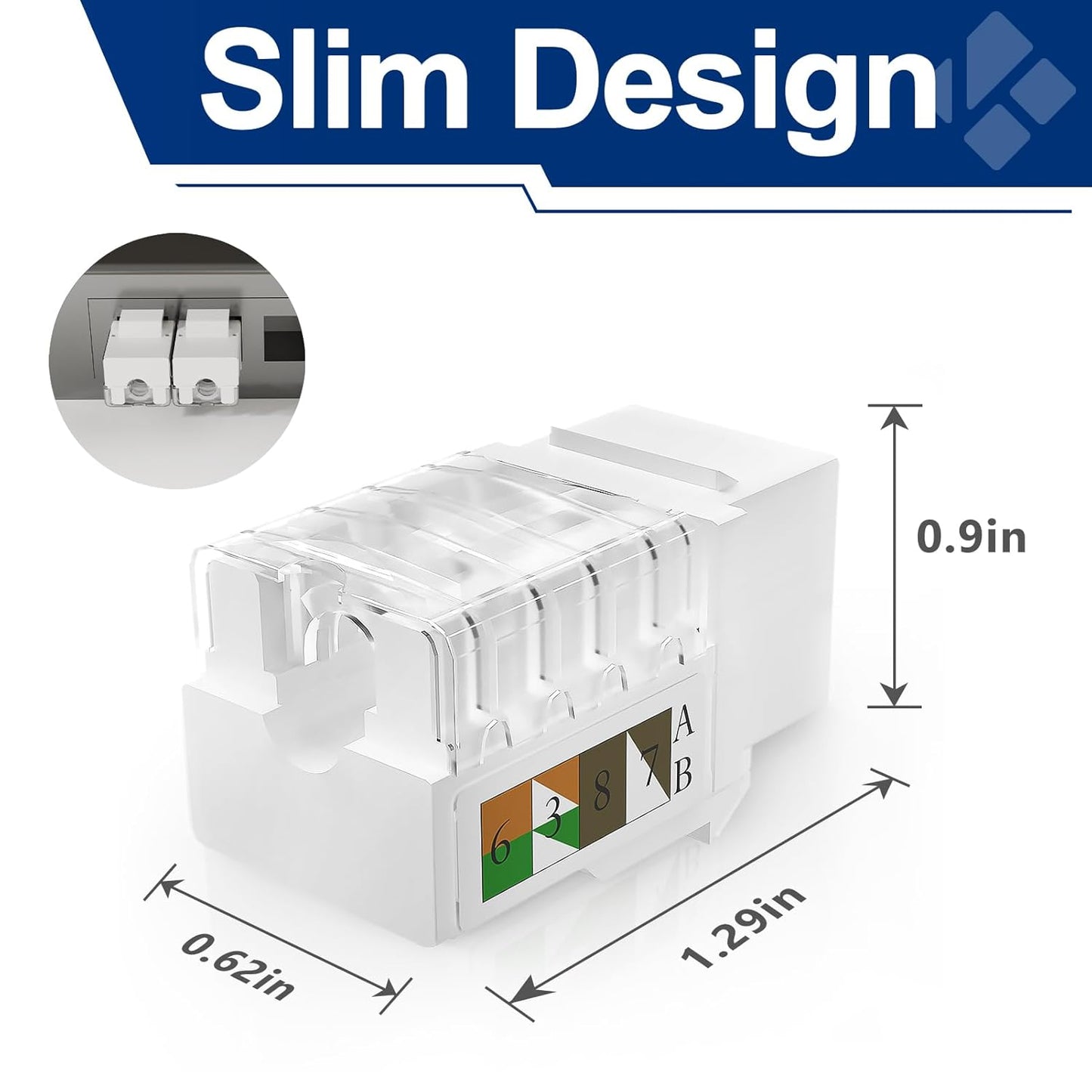 Cat6 Keystone Jacks 12-Pack, RJ45 Keystone Jack 90 Degree Punch Down, Ethernet Jack for Cat6, Cat5e, Cat5 Cabling, Slim Profile in White