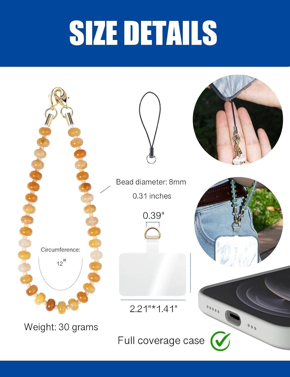 Handmade Natural Gemstone Beaded Charm Cell Phone Camera Lanyard, Wrist Strap, Phone Chain String, Keychain Decor for Wallet, Stanley Cup Accessories (Citrine)