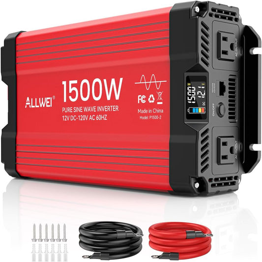 ALLWEI 1500W Pure Sine Wave Inverter 12V DC to 110V/120V AC Converter, Surge 3000W | Power Inverters Vehicles with 2 AC Outlets, RV Truck Boat Home Outdoor & Off-Grid Solar Inverter, Smart LCD Display