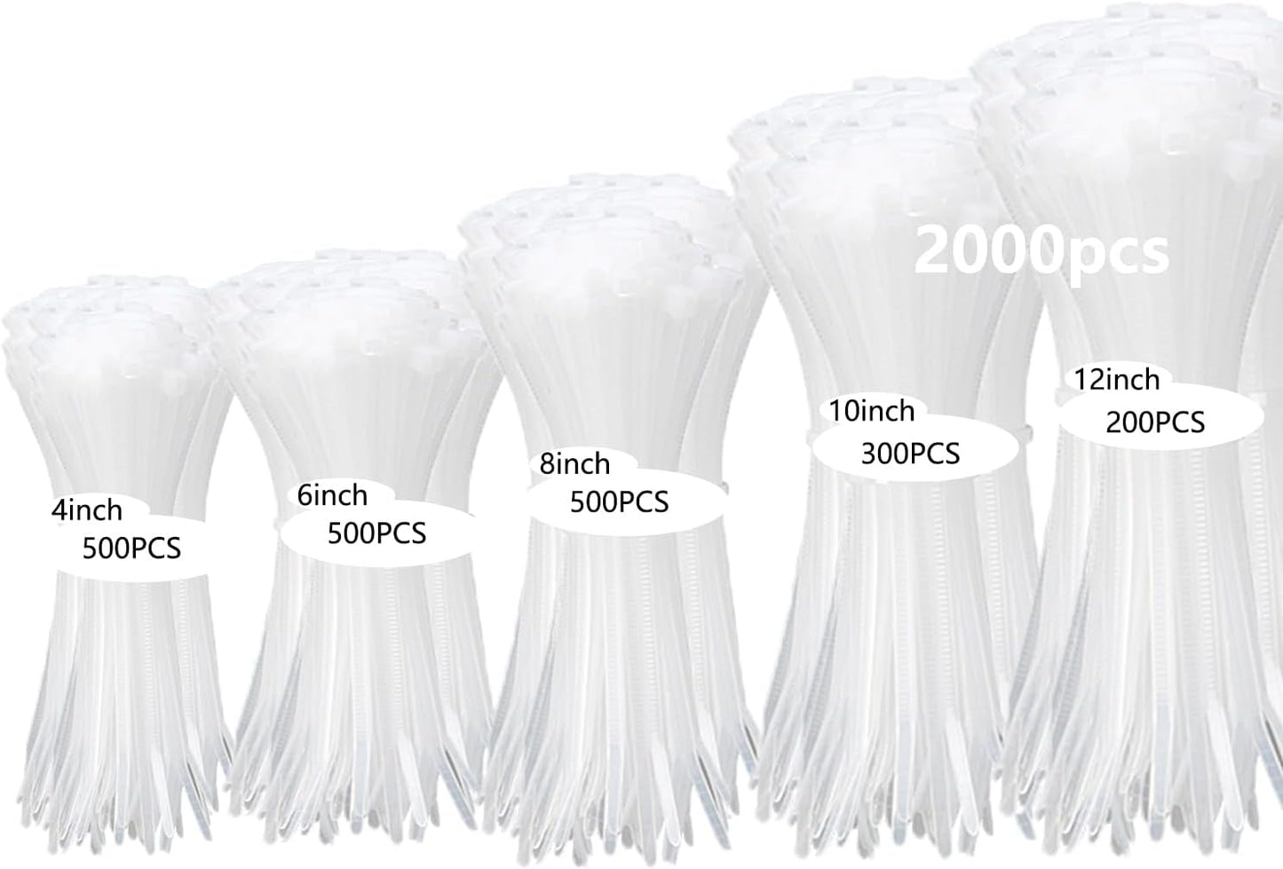 2000 PCS Zip Ties Assorted Sizes 4+6+8+10+12 Inch Self-locking Nylon Cable ties Heavy Duty Outdoor, UV Resistant Wire Straps for Home Office Garden Workshop Indoor Outdoor Fence((White)