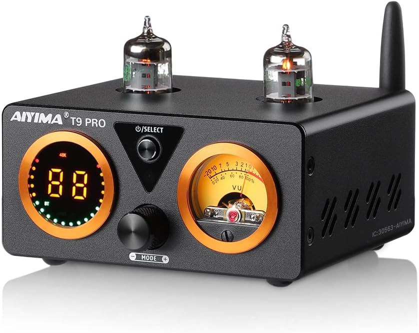 AIYIMA T9 PRO 200W Bluetooth Amplifier HiFi Digital Class D Power Amp 2.0/2.1 Channel Vacuum Tube DAC Amp with VU Meter & Bass Treble Bluetooth 5.2 Coaxial Optical PC-USB inputs