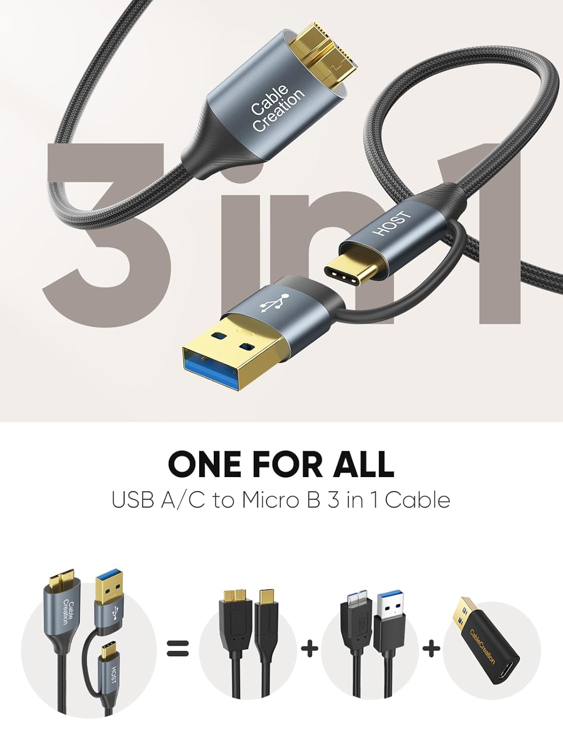 CableCreation USB C Hard Drive Cable 1FT, 5Gbps USB A/C to Micro B, Compatible With iPhone 15 Plus/15 Pro Max, WD, External Hard Drive, and Camera, Grey