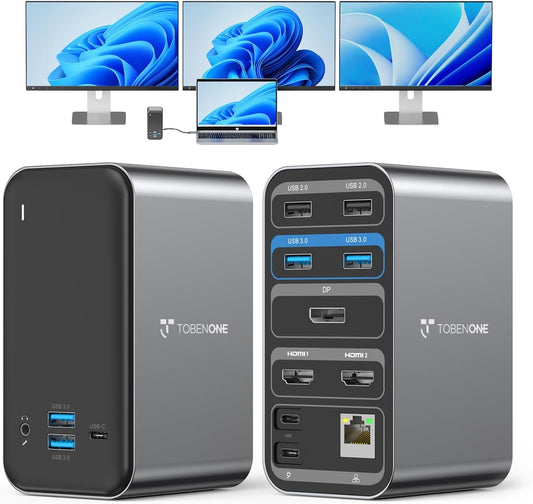 TobenONE Docking Station 3 Monitors, Laptop Docking Station with Power Supply 100W, 2 HDMI, DisplayPort, 7 USB C/A Port, Ethernet, Audio, 87W Charging for Thunderbolt 4/3, USB-C Windows&ChromeOS