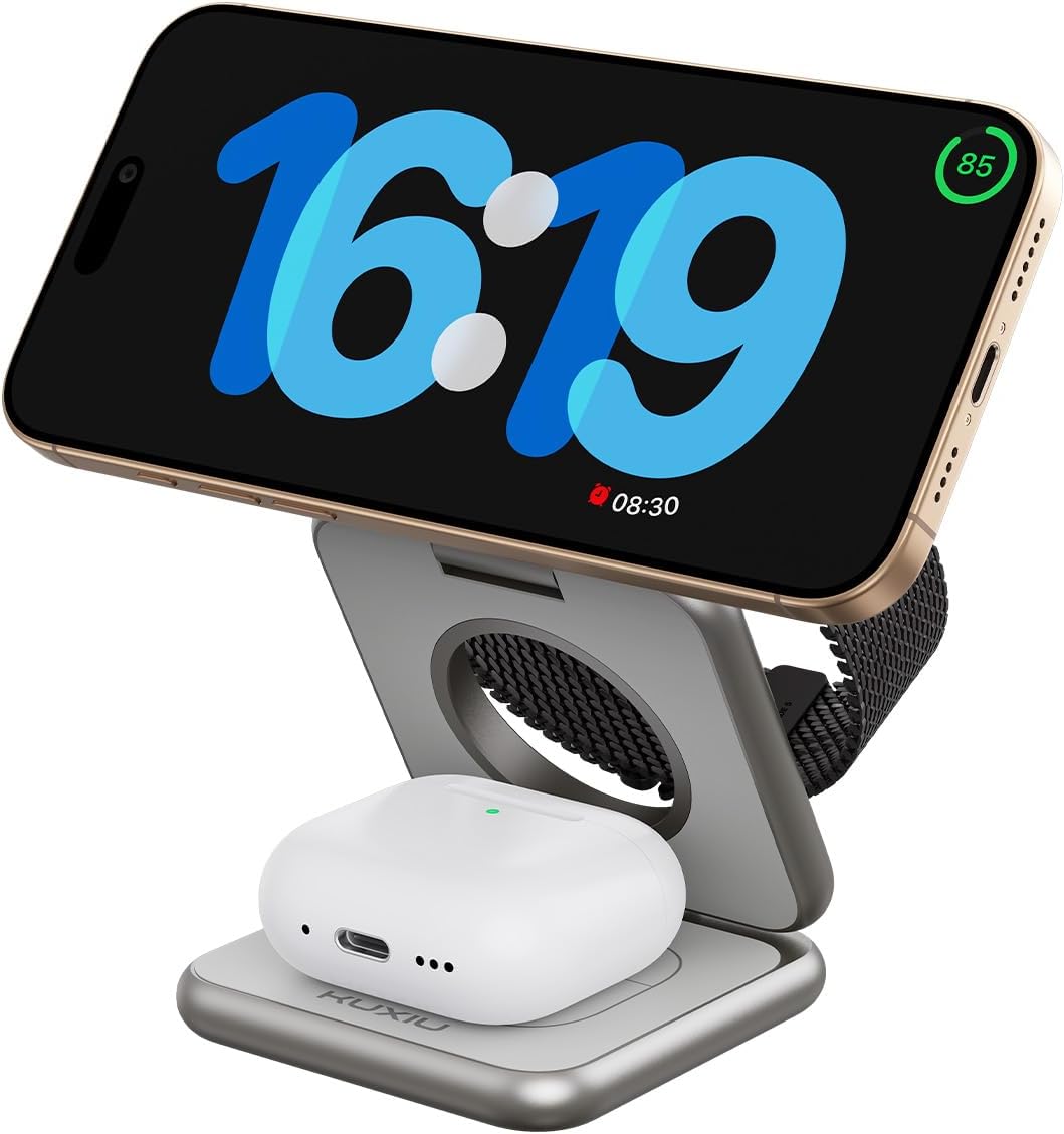 Foldable 3 in 1 Charging Station for Apple, X40 Aluminum Alloy Magnetic Wireless Charger, Portable Travel Charger for iPhone 16 15 14 13 12 Series, AirPods 3/2/Pro, iWatch-Titanium