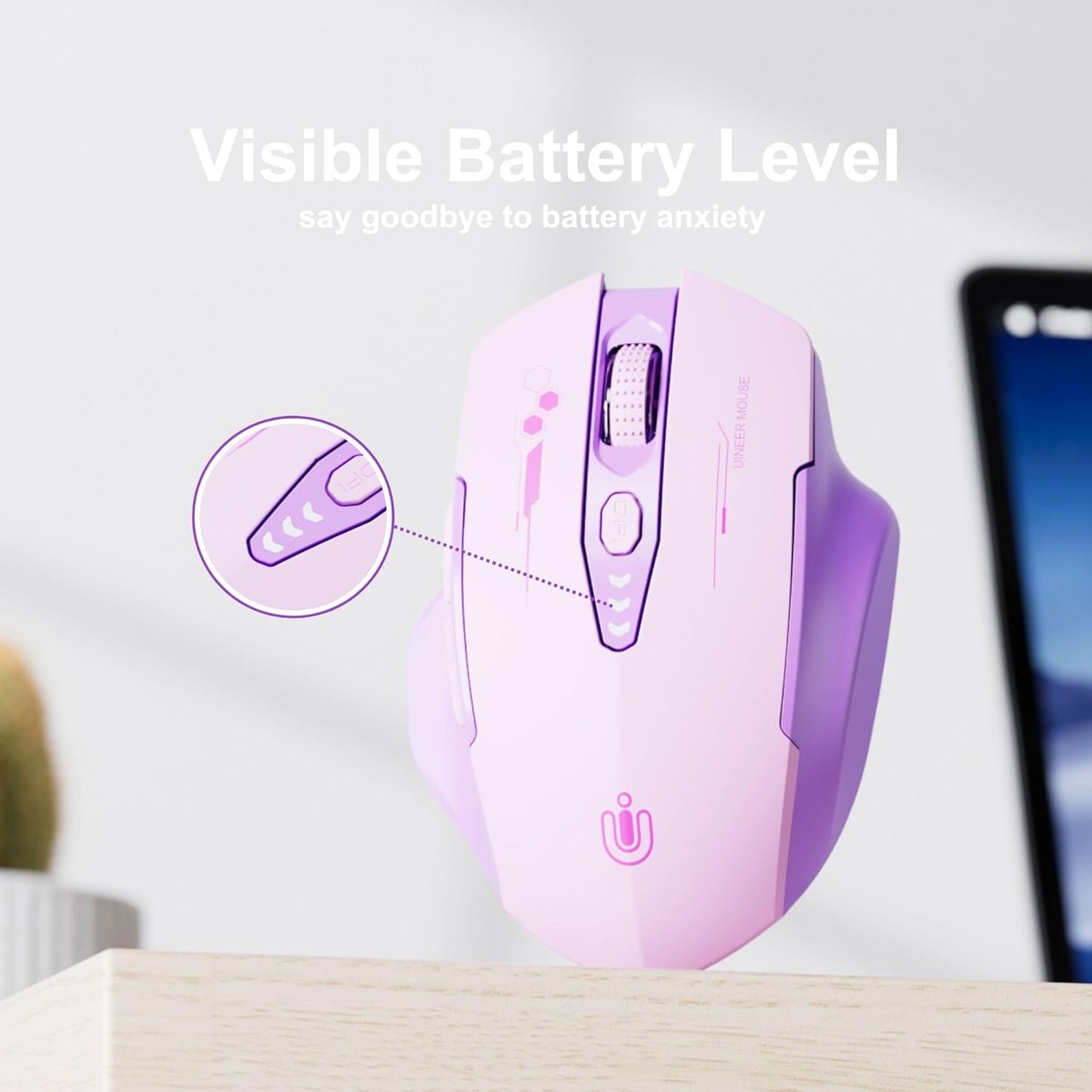Bluetooth Mouse,[Upgraded] Multi-Device Wireless Mouse,Visible Battery Level,Tri-Mode (BT 5.0/4.0+2.4G Hz) Rechargeable Ergonomic Mouse, 4 Adjustable DPI,Coldless Mouse for Laptop and PC,Purple
