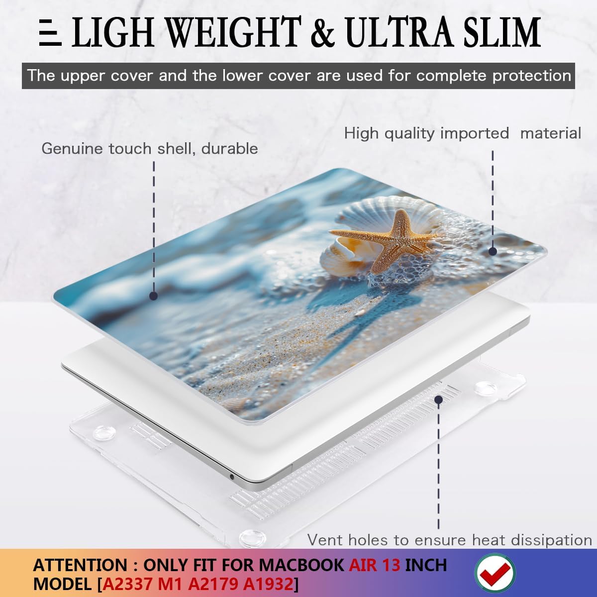 CISSOOK Compatible with MacBook Air 13-inch Case 2021 2020-2018 Release M1 A2337 A2179 A1932 Model with Touch ID, Plastic Hard Shell Protective Case with Keyboard Cover Screen Protector, Beach&Shell