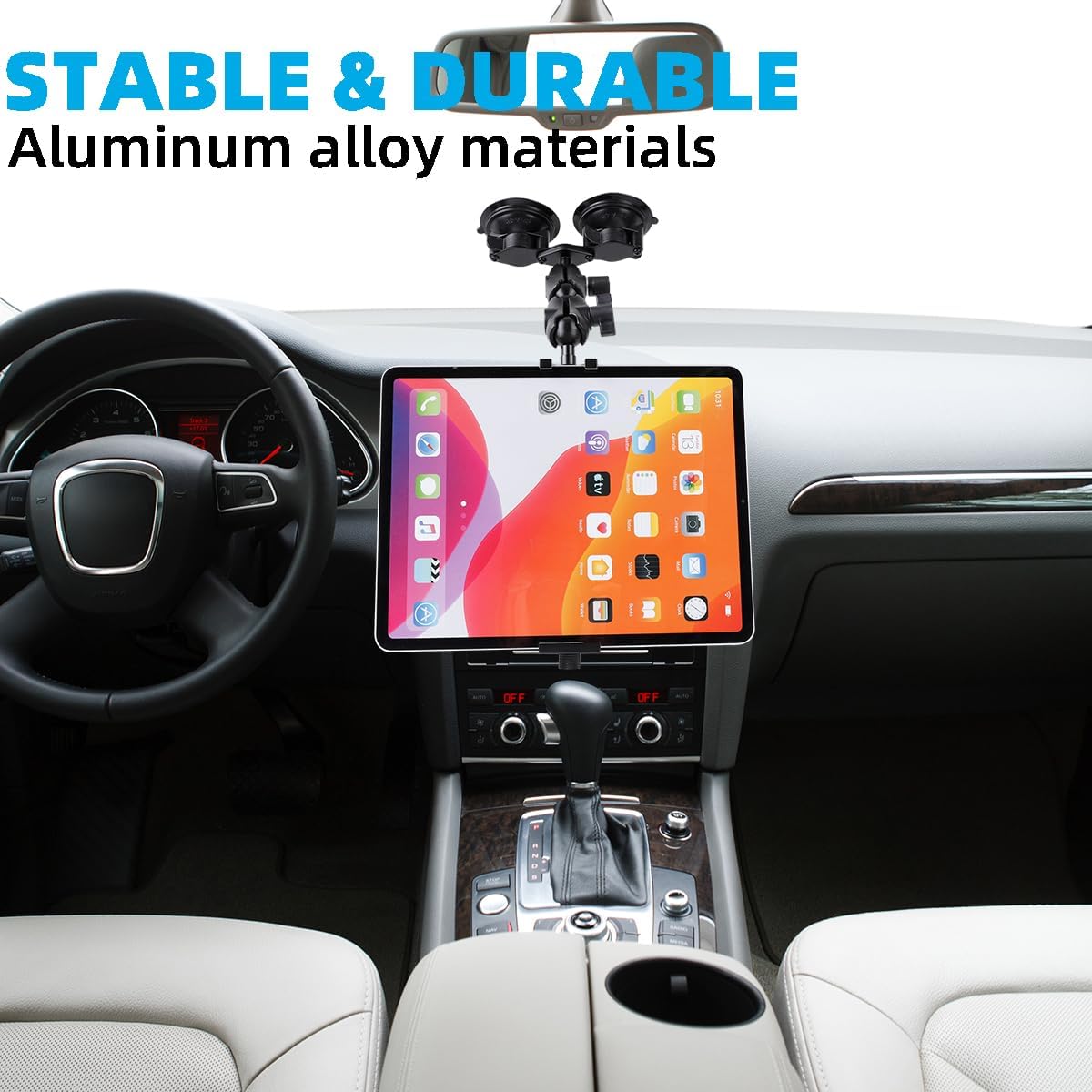 Aluminum Tablet Holder for All iPad, 360° adjustable Secure Double Suction Cup Mount for Car Truck Windshield,Sunroof, Compatible with iPad Pro 12.9 Mini Air, Galaxy Tabs and 4.7-15" Tablets