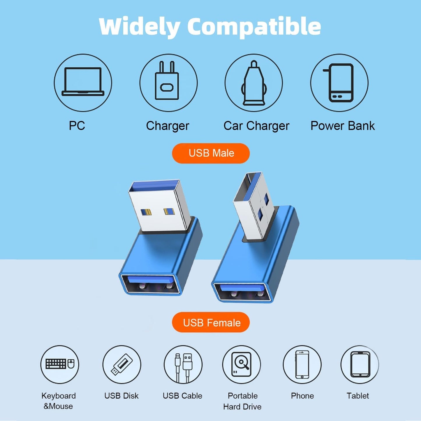 AreMe 90 Degree USB 3.0 Adapter 4 Pack, Up and Down Angle, Left and Right Angle USB A Male to Female Converter Extender for PC, Laptop, USB A Charger, Power Bank and More (Blue)