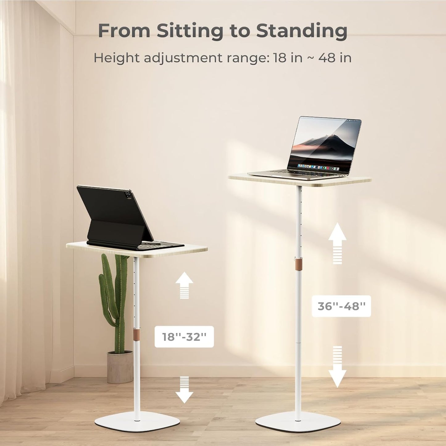 Portable Laptop Floor Stand, Bedside/Sofa Table with Height Adjustable 18''~48'', Sleek Wooden Lectern Standing Desk Mobile Podium for Home, Office, School, White