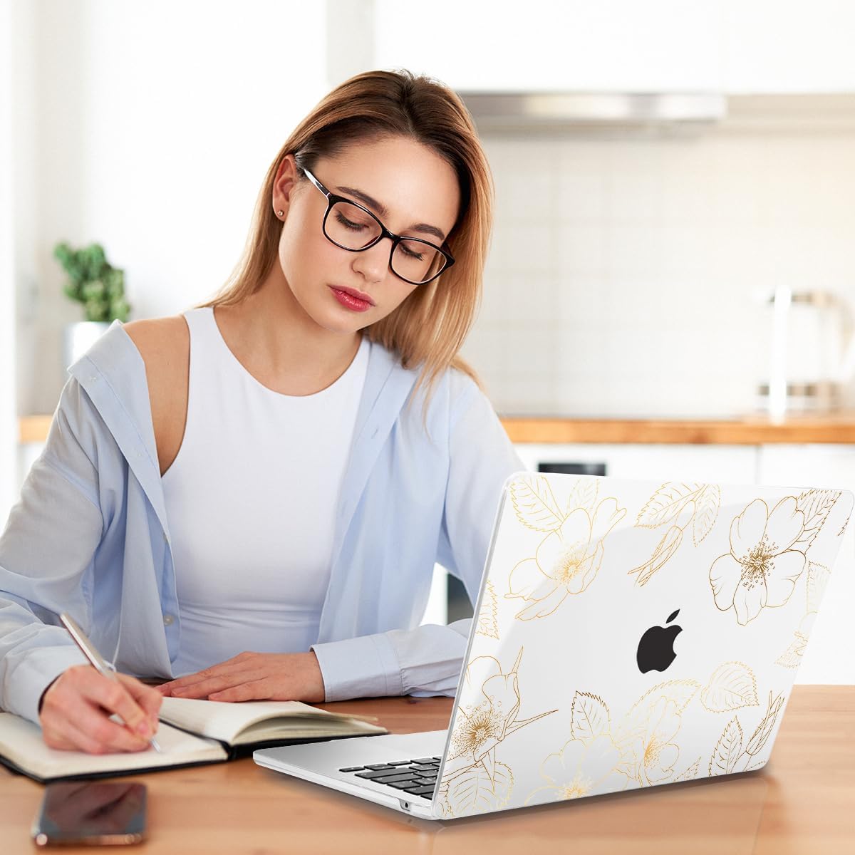 Teryeefi for MacBook Air 13.6 inch Case M4 M3 M2 2022 2023 2024 2025 Model A2681 A3113 A3240 Plastic Hard Shell Cover with Screen Protector & Keyboard Cover & USB 3.0 Adapter, Gold Flower Leaf