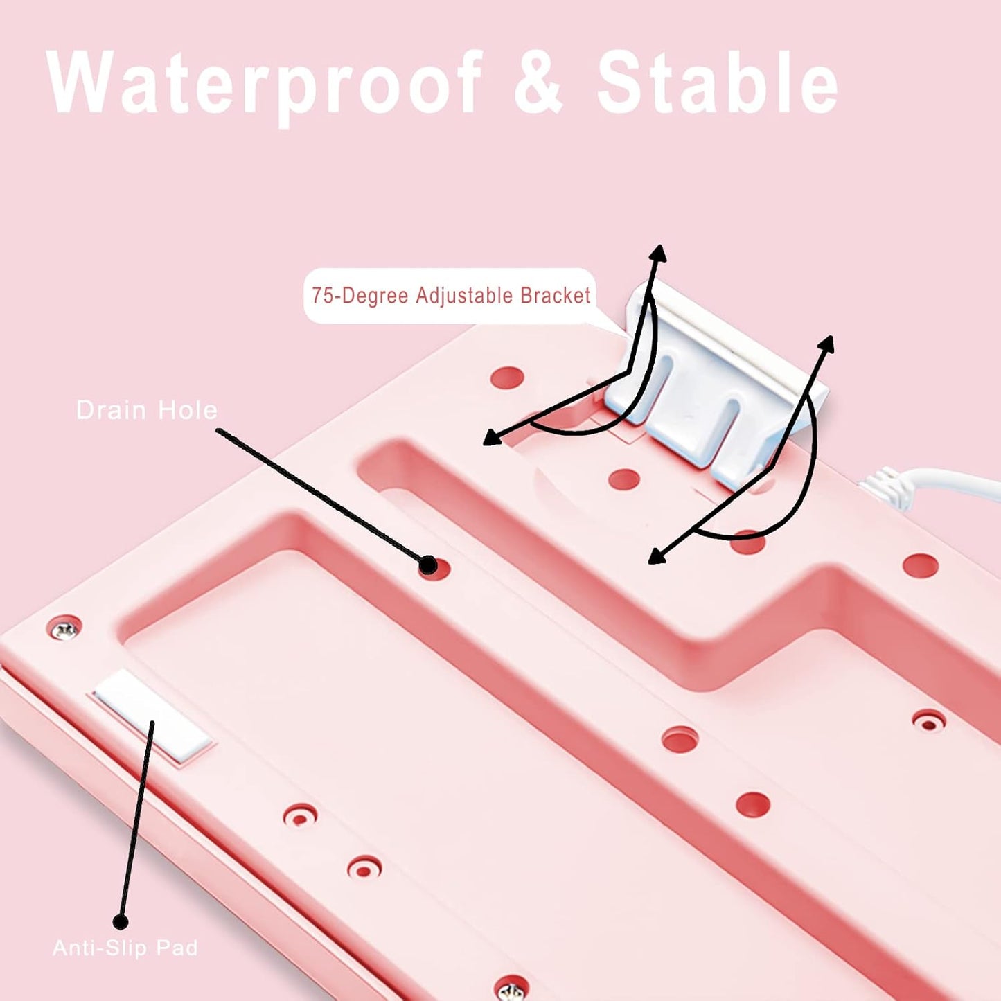 Basaltech Pink Keyboard with 7-Color LED Backlit, 104 Keys Quiet Silent Light Up Keyboards, 19-Key Anti-Ghosting Cheap Gaming Keyboard Mechanical Feeling Waterproof Wired USB for Computer, Mac, Laptop