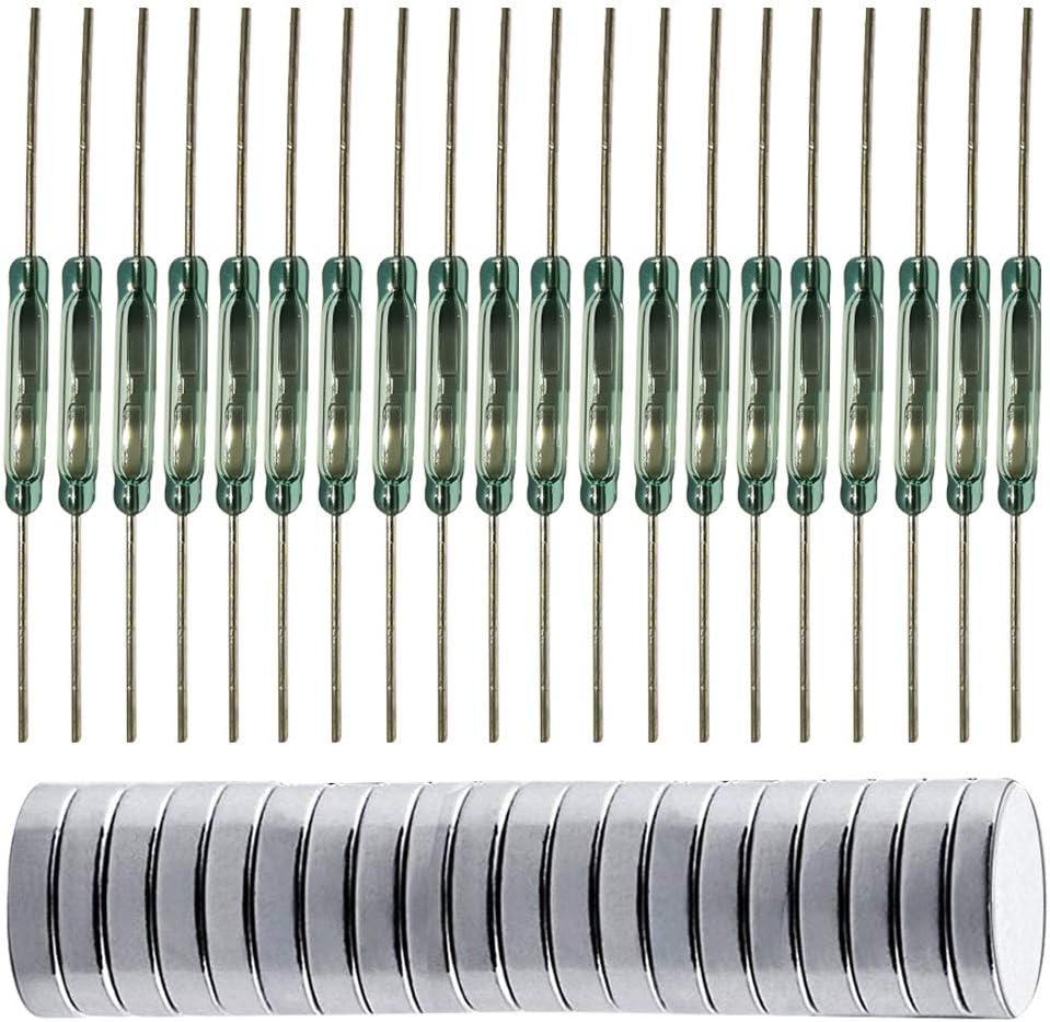 20pcs Glass Reed Switch Reed Contact Normally Open (N/O) Magnetic Induction Switch (2mm×14mm) with 20pcs Multi-Use Magnetic Sheet