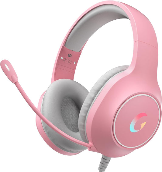 CM7002 Gaming Headset for PS5, PS4, PC, Mac, Switch, Xbox Series, Surround Sound RGB Gaming Headphones with Noise Canceling Microphone, 50MM Dynamic Drivers, 3.5MM Audio Jack, Light Pink