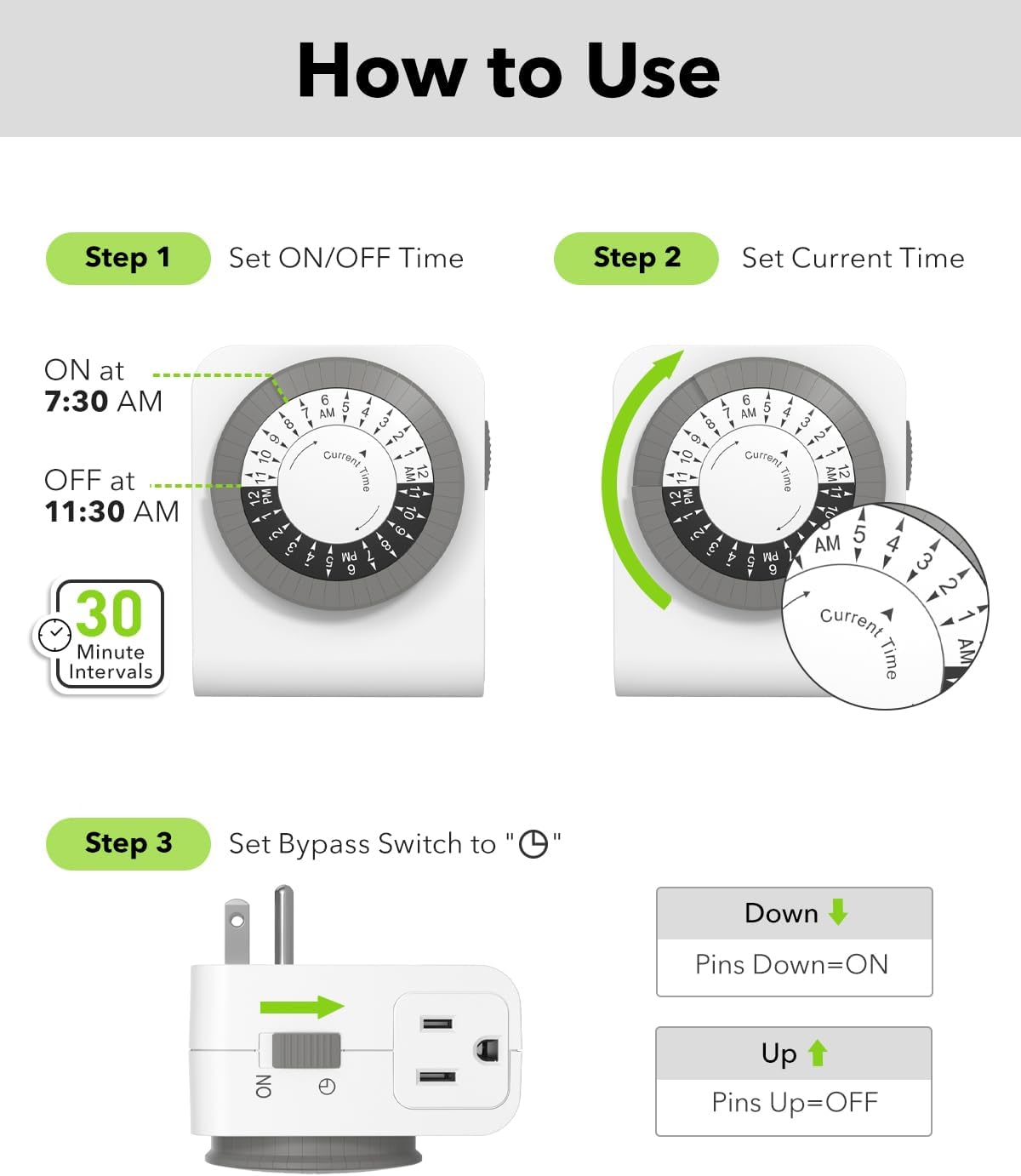 BN-LINK Outlet Timer with 2 Grounded Outlets, Mechanical Light Timer for Electrical Outlet Indoor, 24-Hour 3-Prong for Lamp,Indoor Lighting,Fan and Christmas Light (1 Pack-3Prong(Dual Outlet))