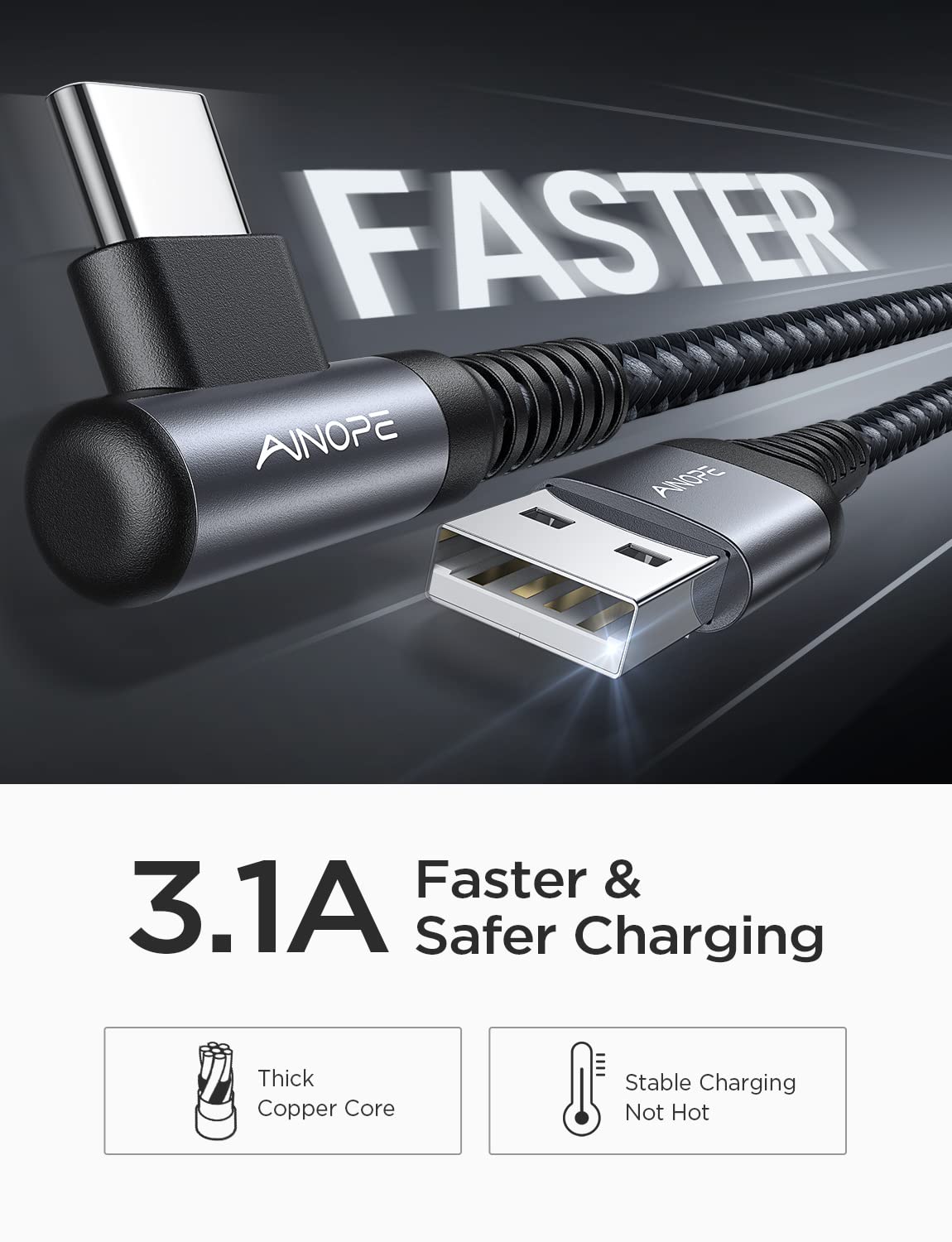 AINOPE USB to USB C Cable [2-Pack, 6.6ft] 3.1A Fast Charger Type C Right Angle, Resistant Nylon Braided C Type Charging Cable Compatible with Galaxy S10 S9 Plus S21, Note 10 9 LG, Type C Charger