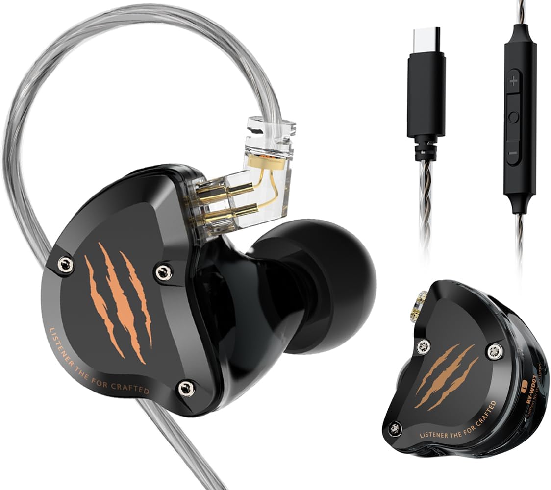 in Ear Monitors Headphones, HiFi Wired Earbuds with Noise Isolating, Type-C with Microphone Earphone, IEM Headset with Detachable Recessed 2Pin Cable for Gaming, Musicians, Singer