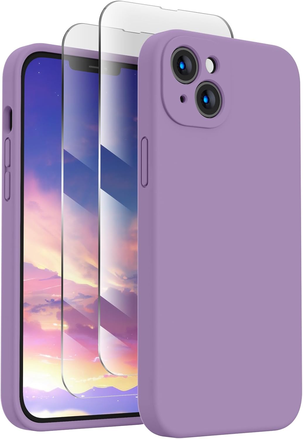 FireNova Designed for iPhone 13 Case, Silicone Upgraded [Camera Protection] Phone Case with [2 Screen Protectors], Soft Anti-Scratch Microfiber Lining Inside, 6.1 inch, Light Purple