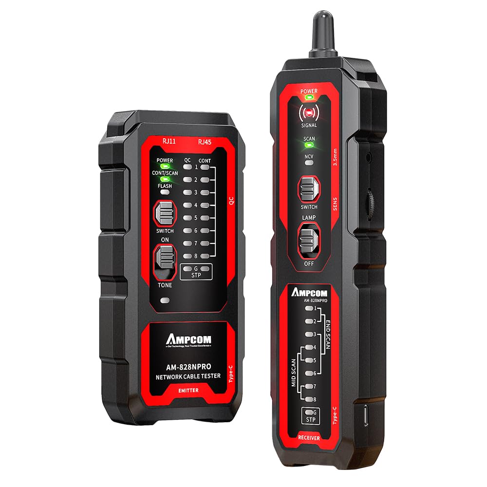 AMPCOM Wire Tracker & Network Cable Tester with PoE Detection, NCV Voltage Detection, RJ45/RJ11 Line Tracer, Type-C Rechargeable, LED Light, for LAN/Ethernet/Telephone Continuity Testing