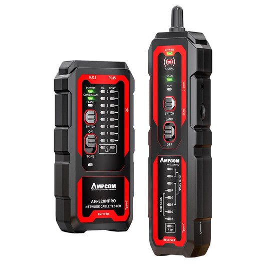 AMPCOM Wire Tracker & Network Cable Tester with PoE Detection, NCV Voltage Detection, RJ45/RJ11 Line Tracer, Type-C Rechargeable, LED Light, for LAN/Ethernet/Telephone Continuity Testing