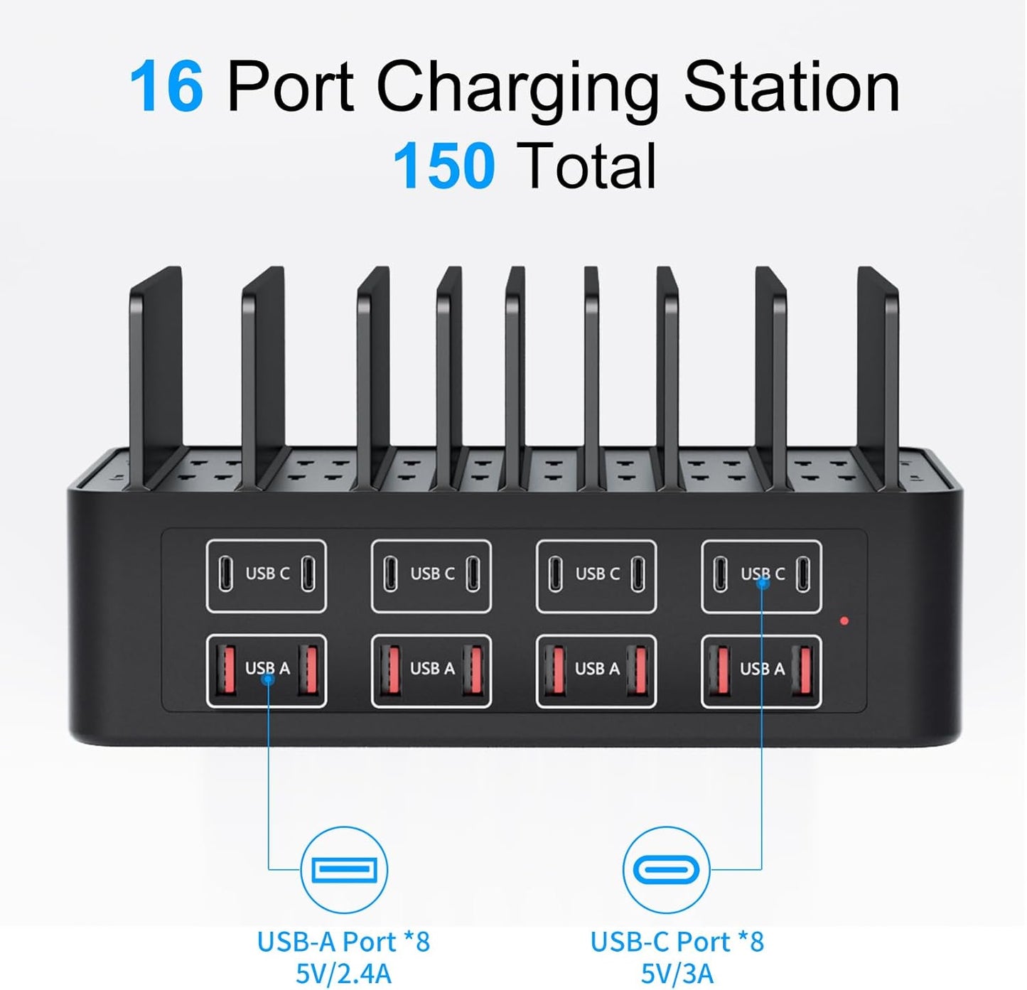 150W/35A Charging Station for Multiple Devices, 16 Port USB C Fast Charging Station with Adjustable Dividers - Organizer Charging Dock for Smartphone, iPad, Kindle, Tablet & More