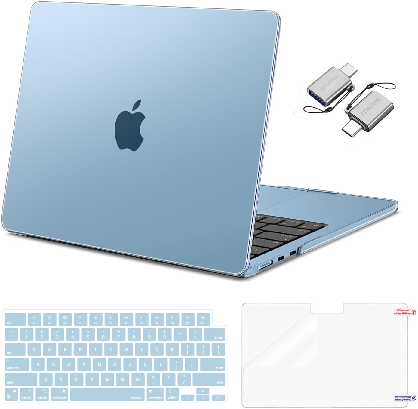 MOSISO Compatible with MacBook Air 13 inch Case 2025 2024 2023 2022 M4 A3240 M3 A3113 M2 A2681, Plastic Hard Shell&Keyboard Cover&Screen Film&Type C for MacBook Air 13.6 inch Case, Sky Blue