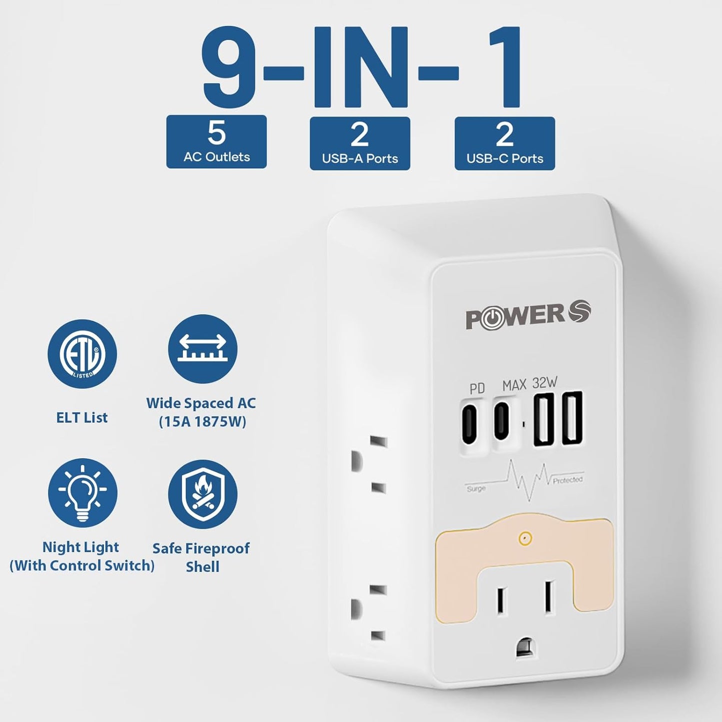 20W PD Fast Charging Wall Outlet with USB Ports (2C2A), Electrical Outlet Extender with Night Light, Surge Protector, Wall Plug Adapter for Multiple Devices, Wall Socket Expander