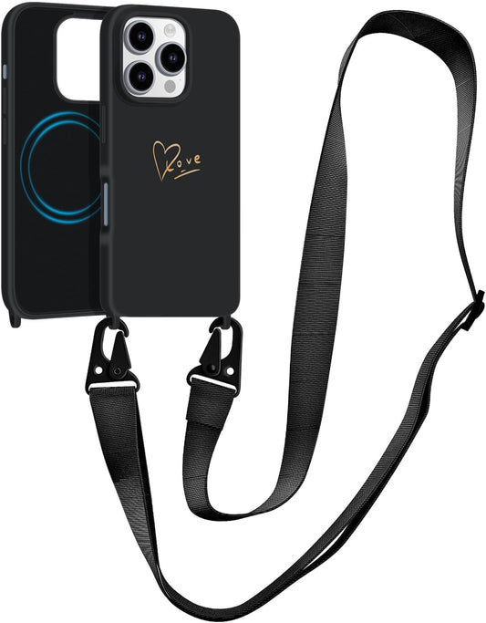 Crossbody Case for iPhone 16 Pro Max with Strap, [Compatible with MagSafe], Cute Love Heart Silicone Phone Case with Neck Lanyard for Girls Women