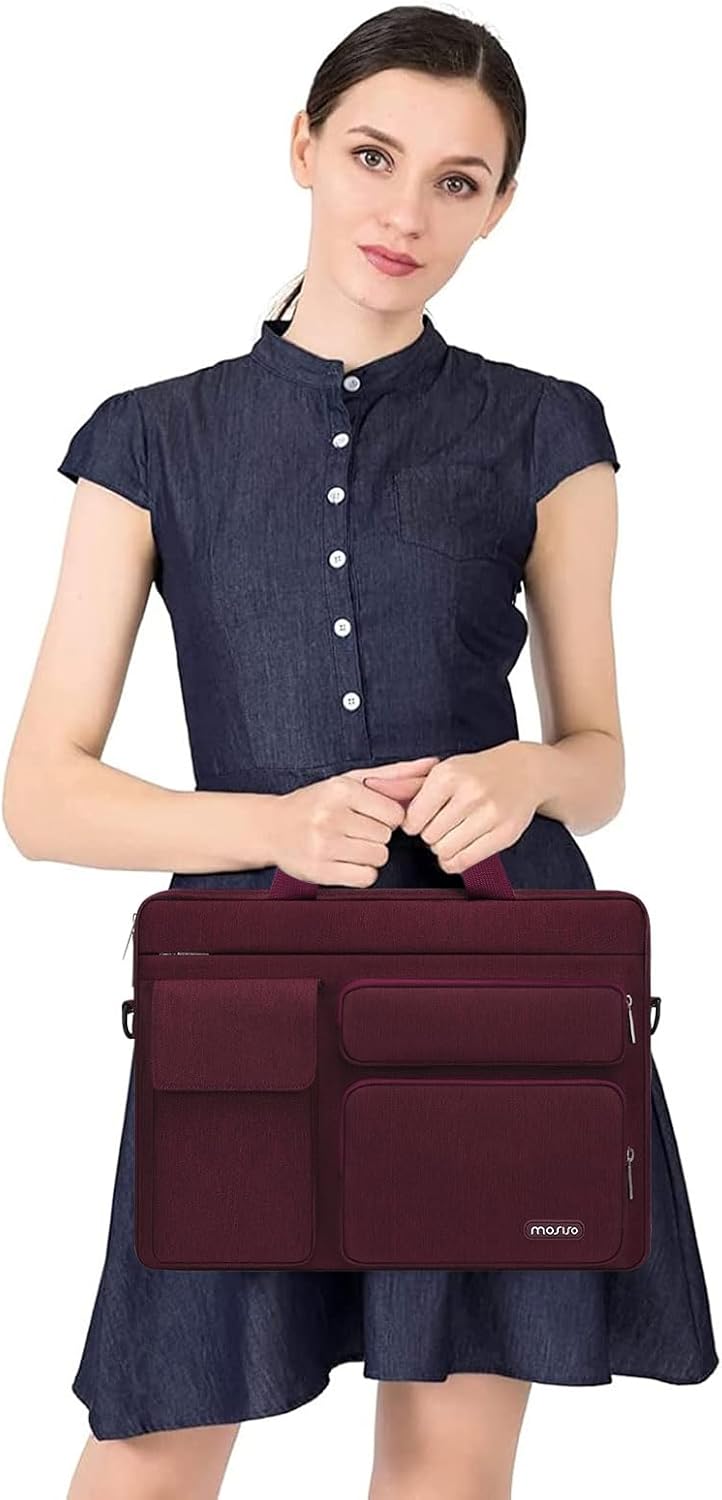 MOSISO Laptop Shoulder Bag, Computer Bag with 2 Raised&1 Flapover&1 Horizontal Pocket&Handle&Belt