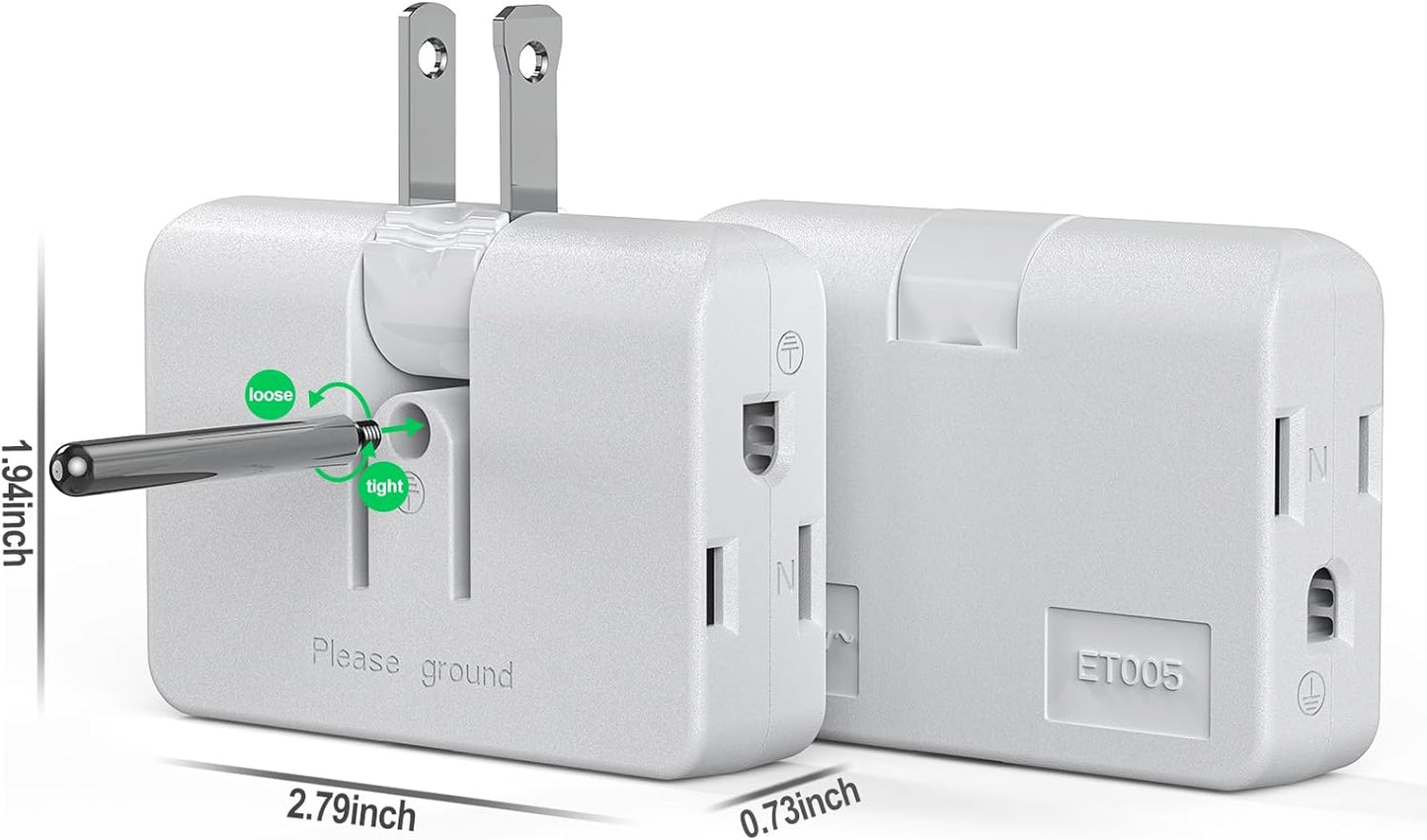 2-Prong/3-Prong Swivel Adapter, Polarized Grounding Converter with Flat Wall Plug, Fireproof 3-Outlet for Home Use (2 Pack)